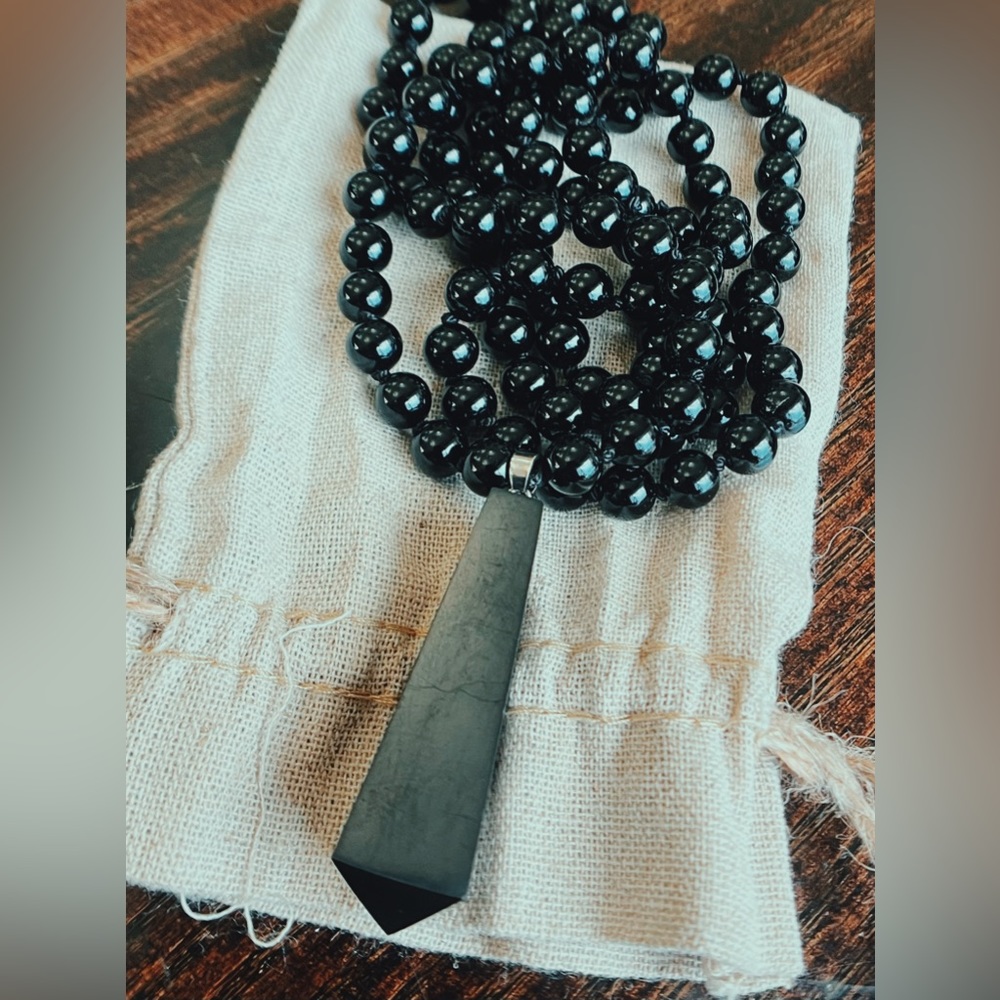 Onyx Mala necklace with shungite pendant, EMF protection